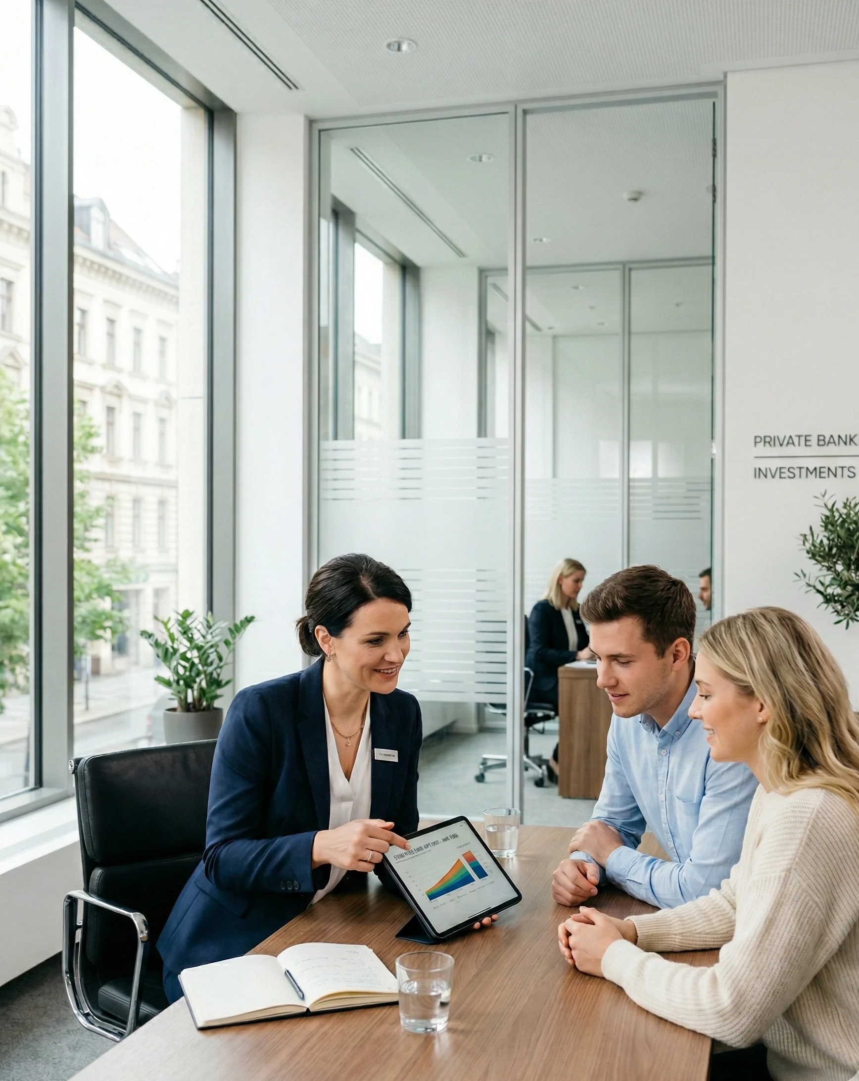 Bankberaterin erklärt Finanzprodukt am Tablet — SendSeven Messaging für Banking