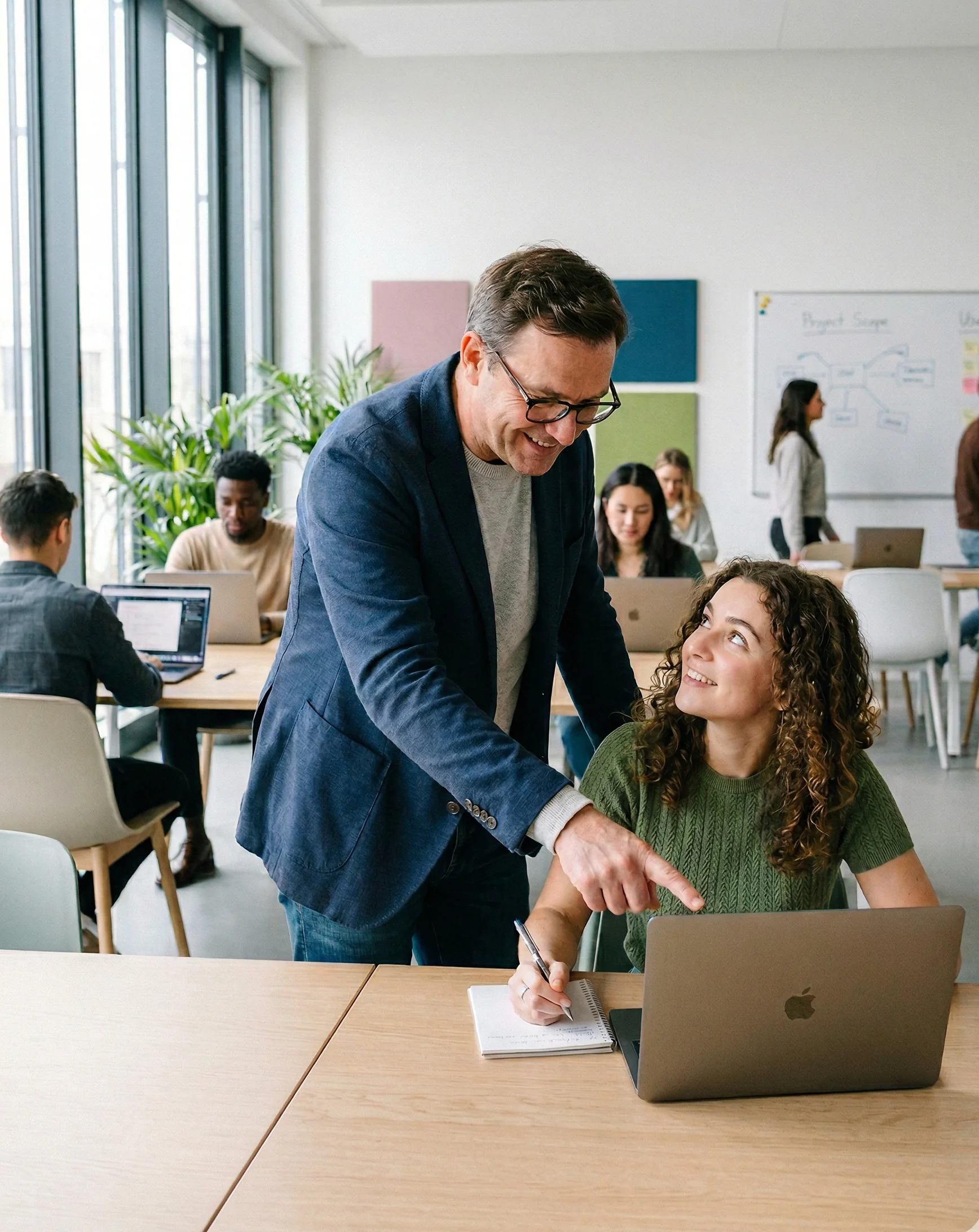 Dozent hilft Studentin am Laptop — SendSeven Messaging für Bildung & E-Learning