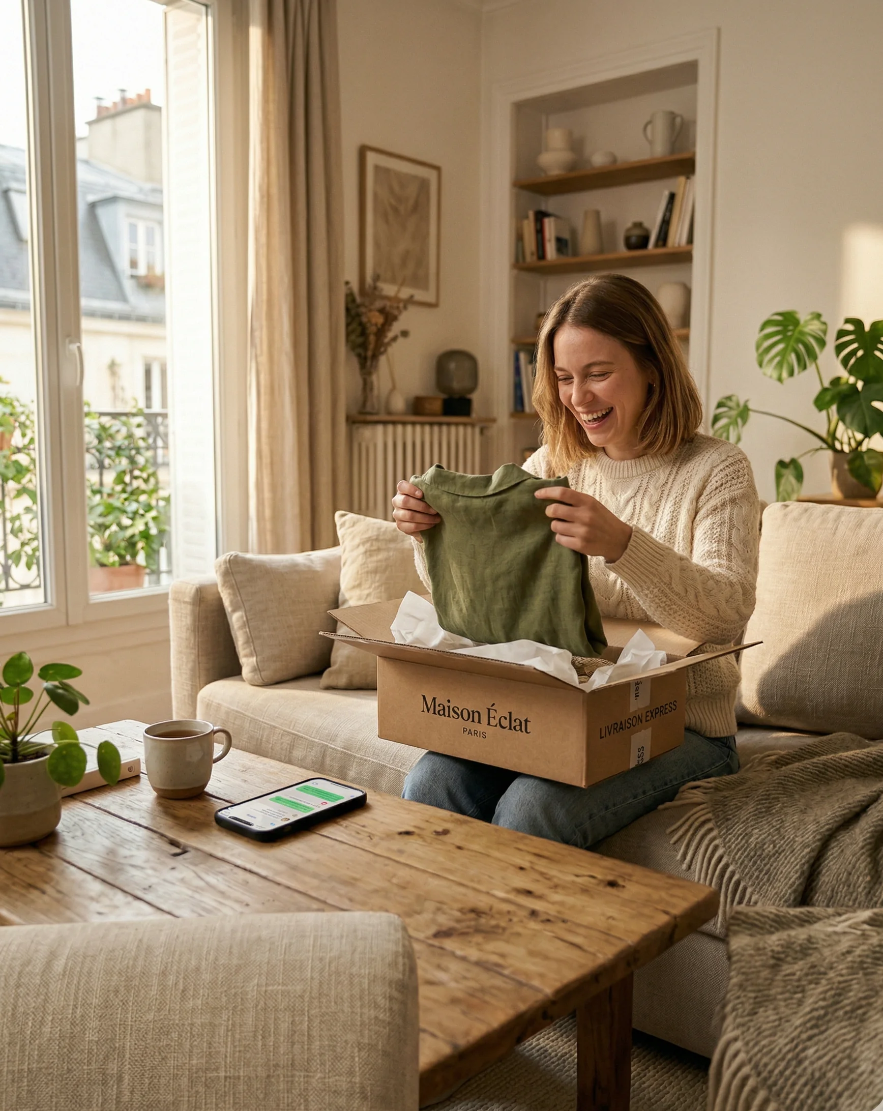 Kundin packt Online-Bestellung aus — SendSeven Messaging für E-Commerce