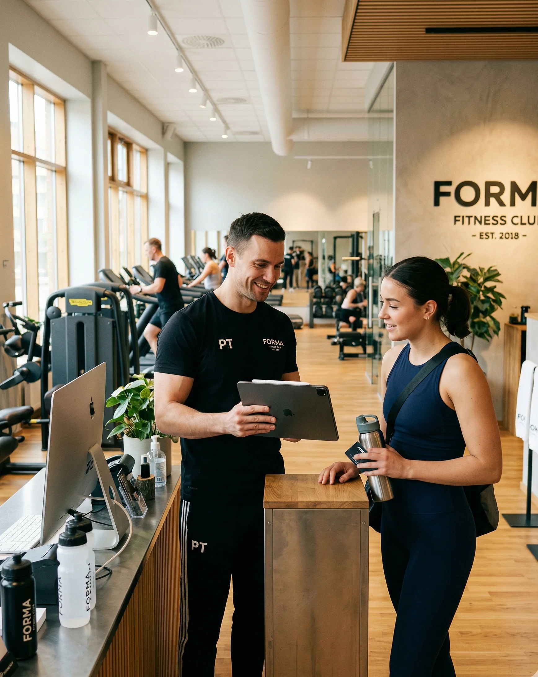 Personal Trainer berät Mitglied im Fitnessstudio — SendSeven Messaging für Fitness
