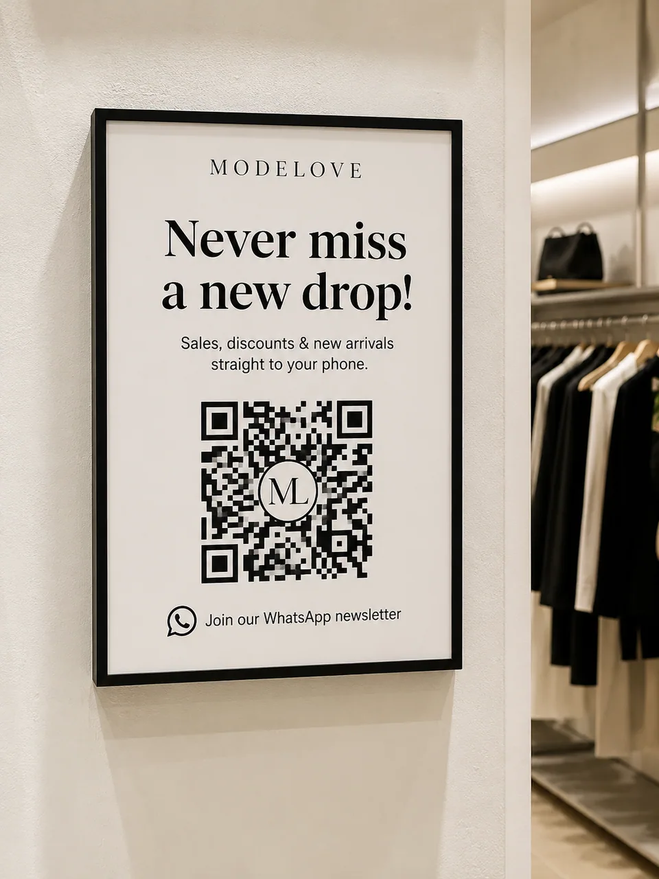 QR code on a poster in a boutique for signing up to the WhatsApp newsletter