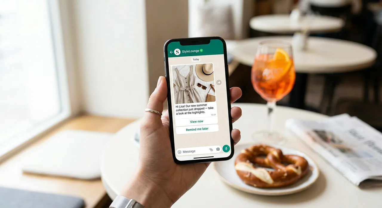 Smartphone showing a WhatsApp opt-in confirmation in a café